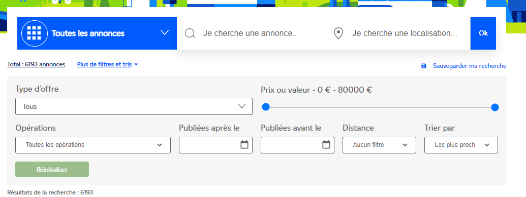 Interface de recherche affichant 6 filtres déroulants : Opérations (sélection d'une opération spécifique), Prix (fourchette de prix ou valeur estimée), Distance (rayon géographique), Trier par (proximité, date, pertinence), Type d'offre (don ou vente) et Date (période de disponibilité). Chaque filtre permet d'affiner dynamiquement les résultats.